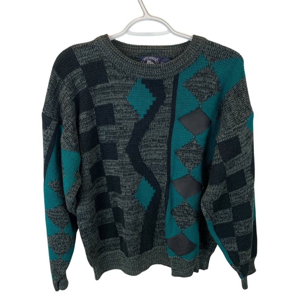 Vintage Atlantic Traders 80s Sweater Turquoise Grey sz M Geometric Grandpa